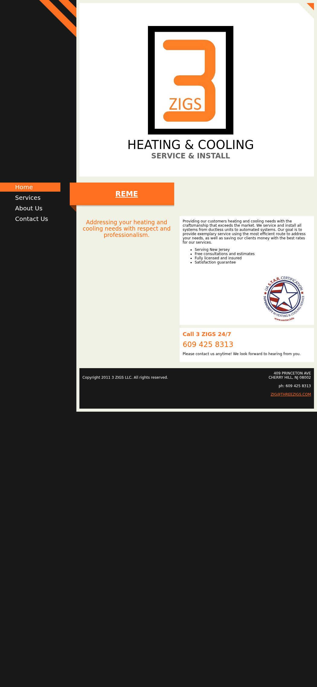 Current mobile website for 3 Zigs LLC showing broken layout